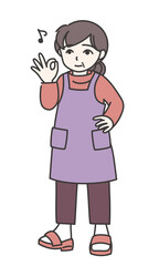 腰に手を当ててOKサインをしているエプロン姿の女性C【カラー／全身】