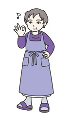 腰に手を当ててOKサインをしているエプロン姿の女性D【カラー／全身】