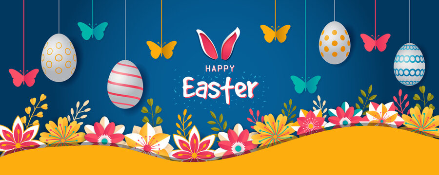 Happy Easter Floral Colorful Horizontal Banner Design. Flowers, hanging butterflies, bunny ears and pattern design eggs website header vector illustration. Spring Festival Holiday theme graphic.