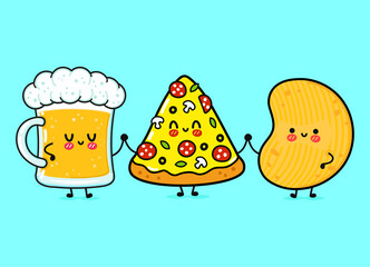 Cute, funny happy glass of beer, pizza and chips. Vector hand drawn cartoon kawaii characters, illustration icon. Funny cartoon glass of beer, pizza and chips mascot friends concept