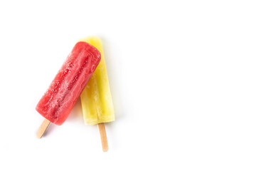 Strawberry and lemon popsicles isolated on white background	