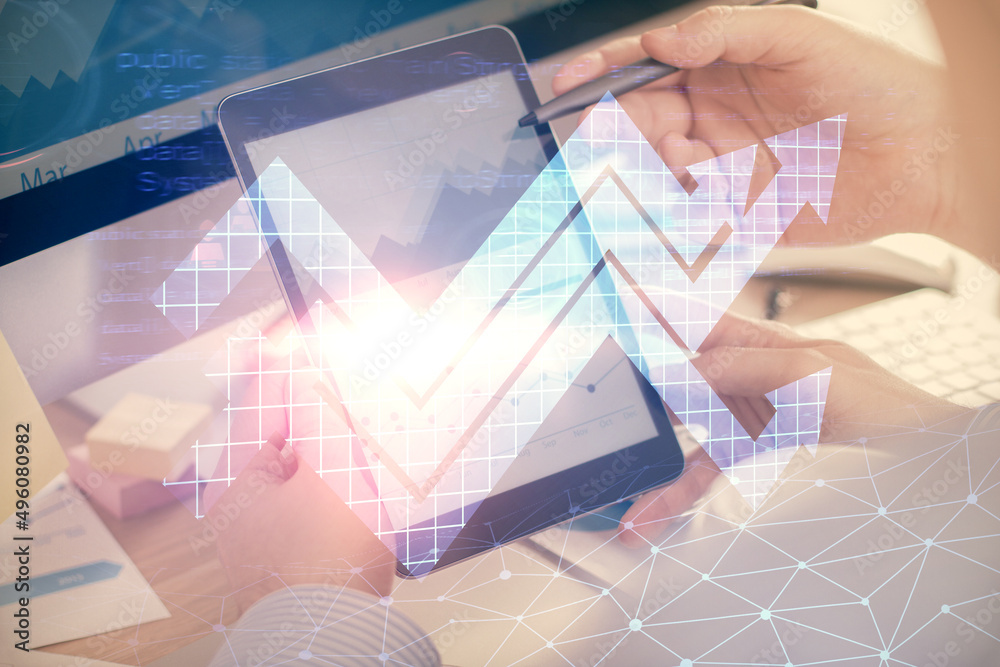 Poster double exposure of man's hands holding and using a digital device and arrows hologram drawing. succe