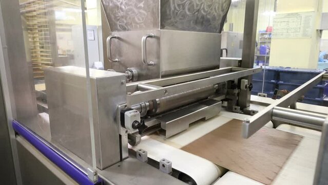conveyor in the confectionery shop for the production and assembly of chocolate wafers