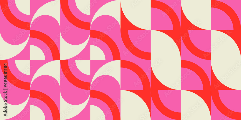 Poster Modern vector abstract  geometric seamless pattern with circles, rectangles and squares  in retro scandinavian style. Pastel colored simple shapes graphic background. Abstract mosaic artwork.