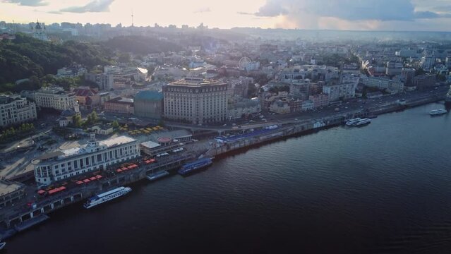 Kiev, Ukraine, June 2021: Panorama of the historical district of Kyiv - Podil. The architecture of the capital of Ukraine. Aerial drone view