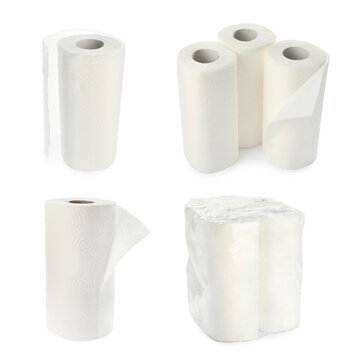 Set of paper towels on white background
