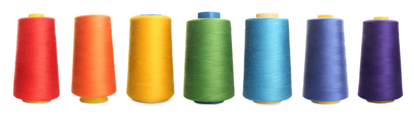 Set with spools of multicolor on white background. Banner design