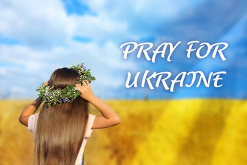 Pray for Ukraine. Double exposure of girl wearing flower wreath outdoors and Ukrainian flag