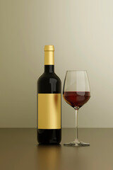 A bottle and glass of red wine on a white background, 3D illustration