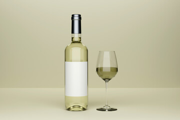 Bottle of white wine with label and a glass goblet in photo-realistic style on a clear green background. 3d realism illustration
