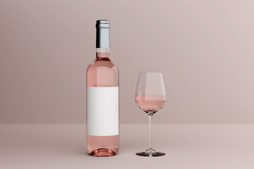 Bottle of rose wine with label and a glass goblet in photo-realistic style on a clear orange background. 3d realism illustration