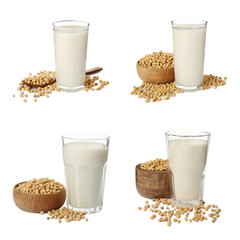 Set with natural soy milk and beans on white background