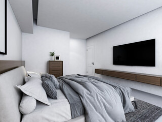 Fototapeta na wymiar 3D rendering, elegant and modern bedroom design, big bed with overcoat cabinet, coffee table, TV, carpet, etc., very comfortable and leisure.）
