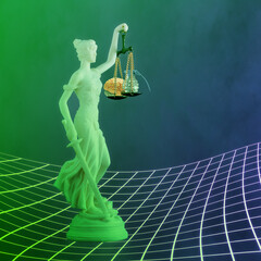 Lady Justice Statue holding scales with bomb and human brain on isolated dark purple-green...