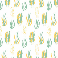 Vector seamless pattern with yellow-green algae. Children's hand-drawn pattern with algae.