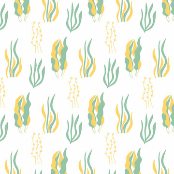 Vector seamless pattern with yellow-green algae. Children's hand-drawn pattern with algae.