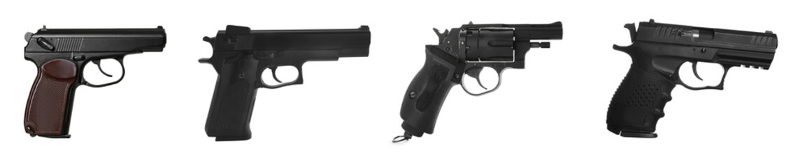 Set with different handguns on white background. Banner design