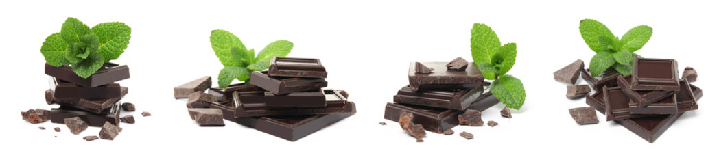 Set with tasty dark chocolate and mint on white background. Banner design
