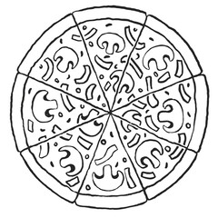 Vegetarian Pizza with mushrooms hand drawn sketch. Black and white Doodle style vector illustration