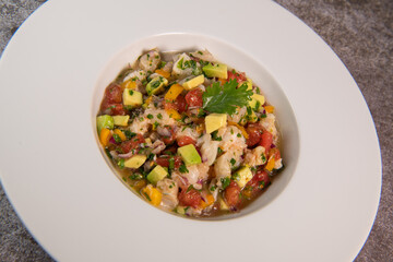 Cod Ceviche recipe, bread in oil and garlic. High quality photo