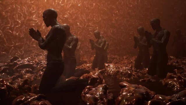 Bloody hideous zombies praying in their creepy, dark, underground world. The concept of creepy monsters and creatures in an ancient cave. The animation is perfect for sci-fi or fantasy backgrounds.