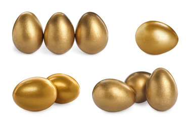 Set with shiny golden eggs on white background