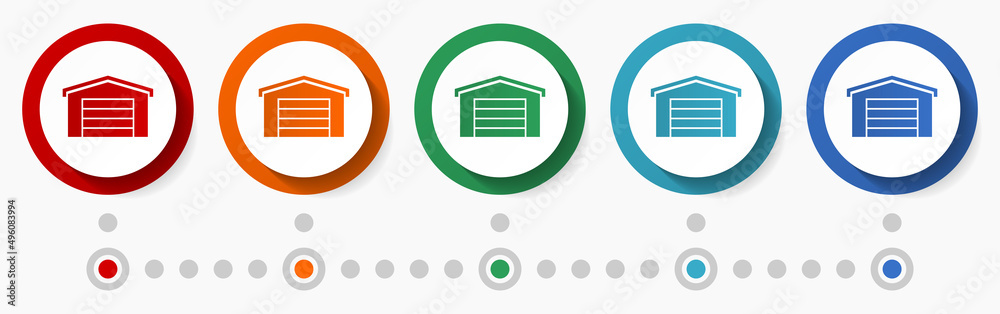 Poster garage, building concept vector icon set, flat design colorful buttons, infographic template in 5 co
