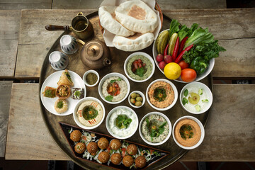 Fototapeta na wymiar mixed middle eastern meze sharing food platter in turkish restaurant