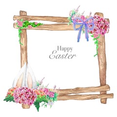 Watercolor wooden frame with spring easter decoration. Vector illustration.