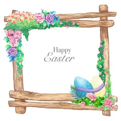 Watercolor wooden frame with spring easter decoration. Vector illustration.