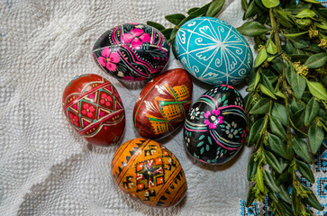 Easter eggs in basket .Basket with beautiful Easter eggs