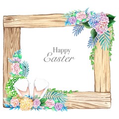 Watercolor wooden frame with spring easter decoration. Vector illustration.