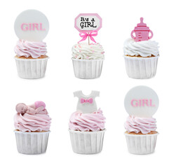 Beautifully decorated baby shower cupcakes for girl on white background, collage