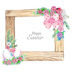 Watercolor wooden frame with spring easter decoration. Vector illustration.