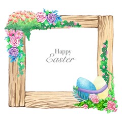Watercolor wooden frame with spring easter decoration. Vector illustration.
