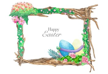 Watercolor wooden frame with spring easter decoration. Vector illustration.