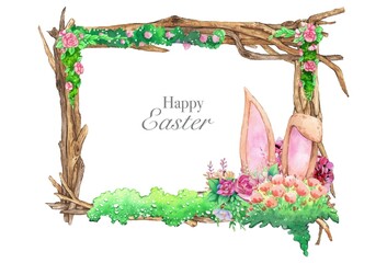 Watercolor wooden frame with spring easter decoration. Vector illustration.