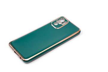 Obraz premium Green silicone case with gold border for smartphone.