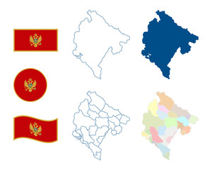 Montenegro map. Detailed blue outline and silhouette. Administrative divisions and municipalities. Country flag. Set of vector maps. All isolated on white background. Template for design.