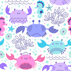 Vector pattern with crabs, starfish and seahorses. Seamless background with marine animals in trendy colors.