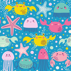 Vector pattern with marine animals. Seamless background with starfish, crabs, and jellyfish.  - 496085770