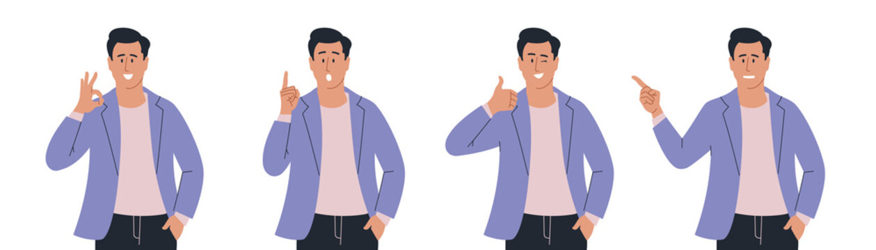 People. A man with different emotions and gestures. Presentation. Set of vector images.