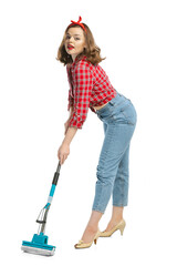 Portrait of young emotional girl, housewife wearing homewear in 70s, 80s fashion style isolated on...