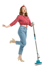 Portrait of young emotional girl, housewife wearing homewear in 70s, 80s fashion style isolated on...
