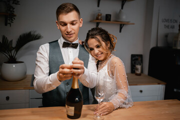 Stylish happy newlyweds, elegant satisfied bride. Newlyweds gathering