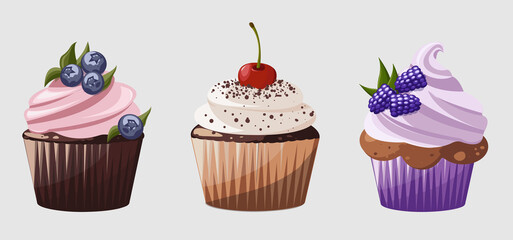 Vector illustration. Set of color illustrations cupcakes  on a white background. Cupcakes with different creams