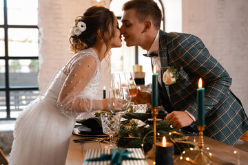 Stylish happy newlyweds, elegant satisfied bride. Newlyweds gathering