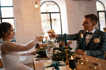 Stylish happy newlyweds, elegant satisfied bride. Newlyweds gathering