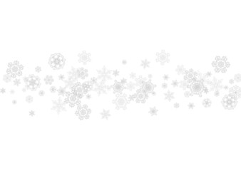 Snowflakes falling on white background. Horizontal Christmas and Happy New Year theme. Silver falling snowflakes for banner, gift card, party invitation, partner compliment and special business offers