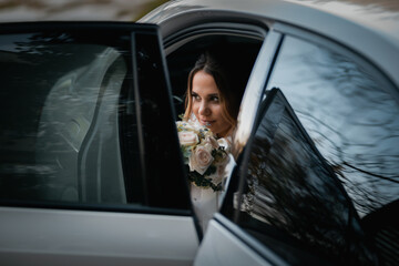 Stylish happy newlyweds, elegant satisfied bride. Newlyweds gathering